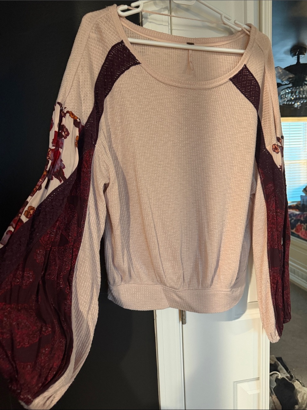 Free People Cream Waffle Knit Top with Burgundy Floral Balloon Sleeves